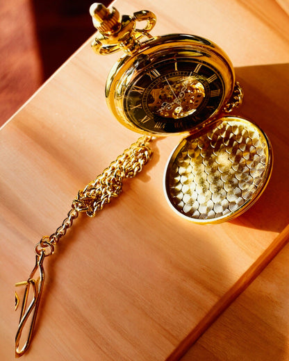 Grand Elegance Pocket Watch with Double Cover, Manual, Gold Color, with engraving for a gift