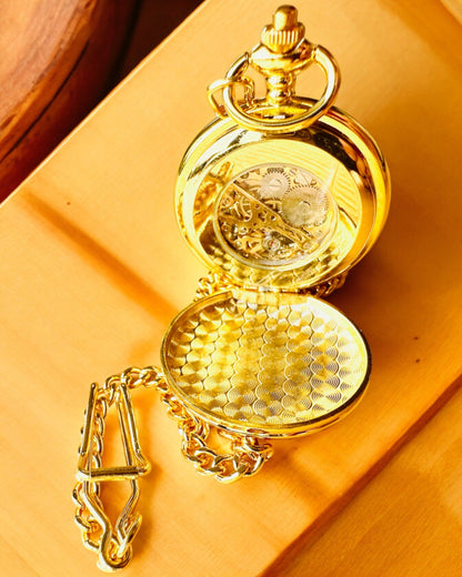 Grand Elegance Pocket Watch with Double Cover, Manual, Gold Color, with engraving for a gift