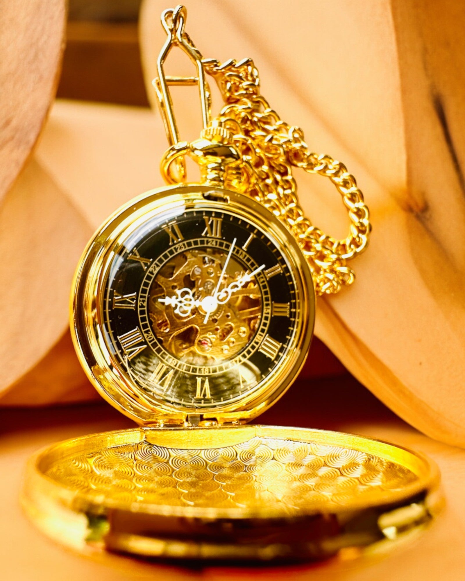 Grand Elegance Pocket Watch with Double Cover, Manual, Gold Color, with engraving for a gift