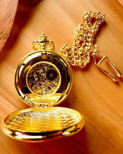 Grand Elegance Pocket Watch with Double Cover, Manual, Gold Color, with engraving for a gift