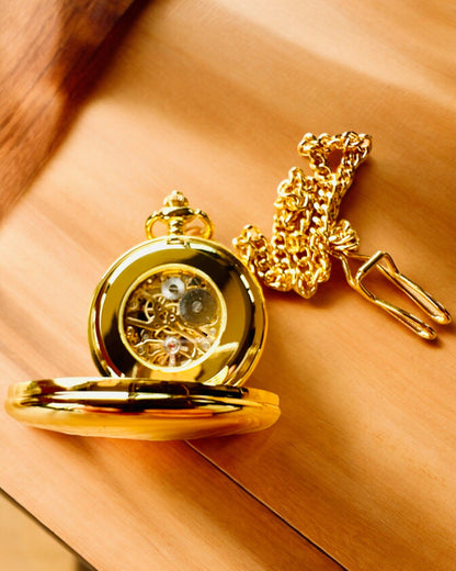 Grand Elegance Pocket Watch with Double Cover, Manual, Gold Color, with engraving for a gift