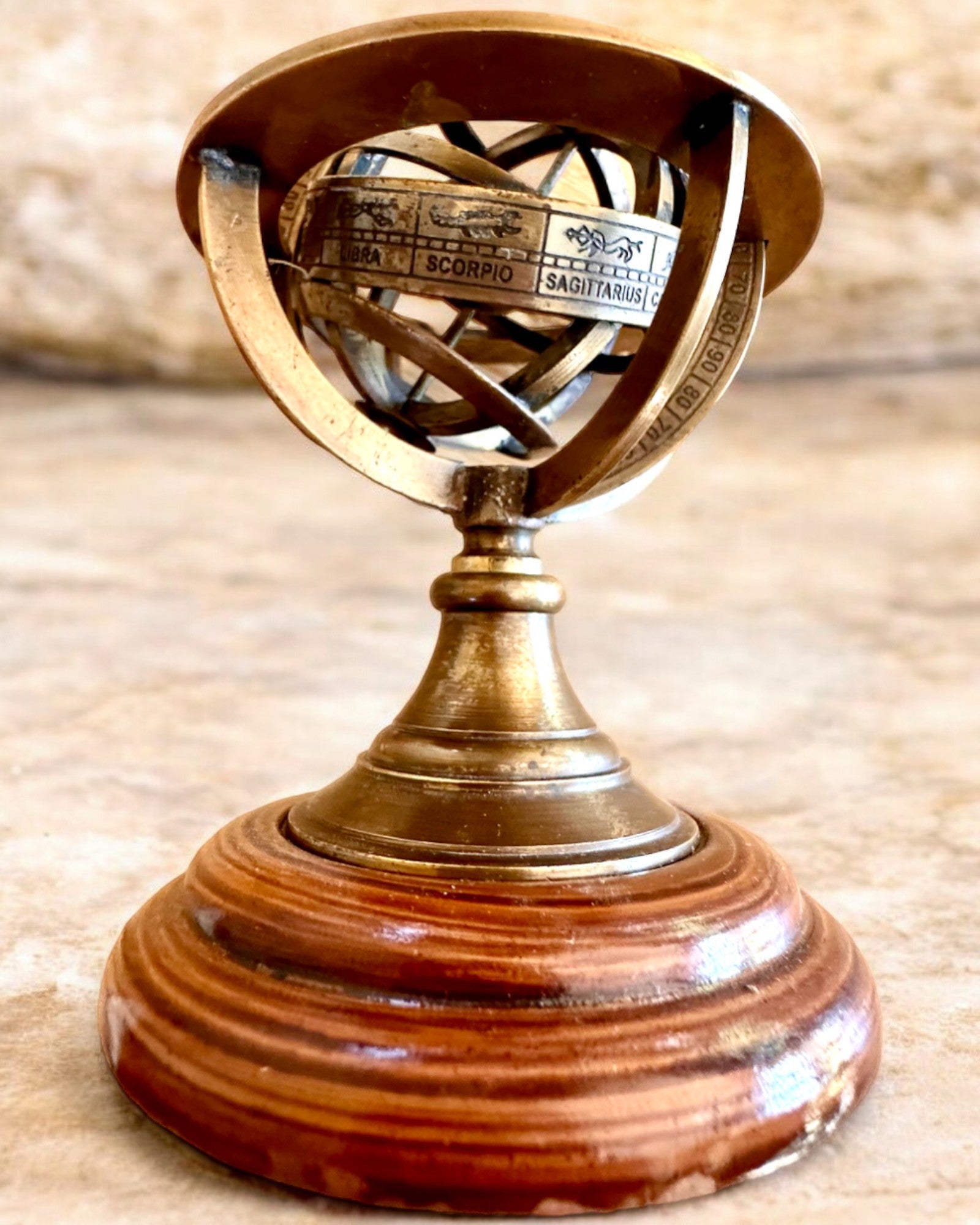 Brass Armilla "AstroGlobe" 13 cm in height, Handcrafted with Engraving Option, office decoration