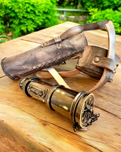 Premium "Voyager" Telescope with Engraved Lens and Natural Leather Case, personalization option for engraving as a gift