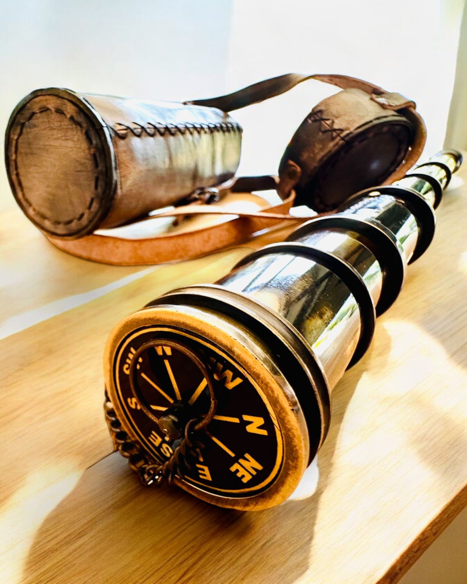 Premium "Voyager" Telescope with Engraved Lens and Natural Leather Case, personalization option for engraving as a gift