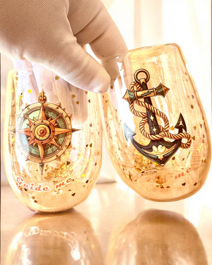 "Nautical Dreams" glasses with double walls and gold flakes - set of 2, 300 ml capacity, personalization available with engraving.