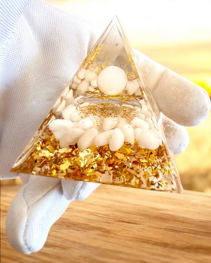 "Orgonite Energy Pyramid with White Stones - 'Golden Harmony', perfect as a gift"