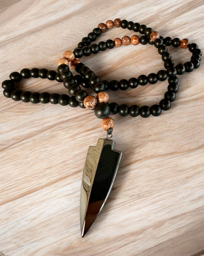 Power Arrow – Necklace with Black Obsidian and Wooden Beads, personalization with engraving for a gift