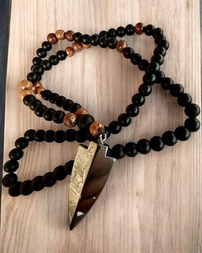 Power Arrow – Necklace with Black Obsidian and Wooden Beads, personalization with engraving for a gift