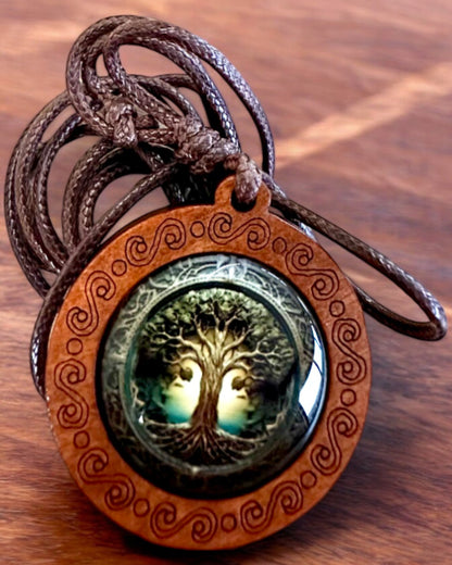 "Tree of Ancestors" Life Amulet - Handcrafted Wooden and Glass Necklace, personalization option with engraving for a gift