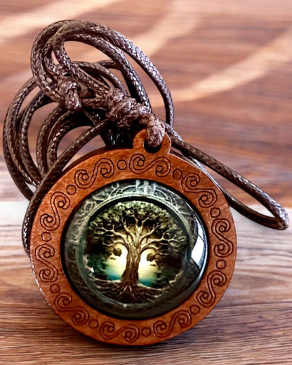 "Tree of Ancestors" Life Amulet - Handcrafted Wooden and Glass Necklace, personalization option with engraving for a gift