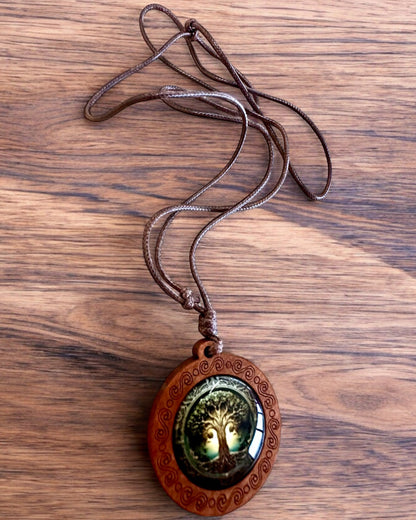 "Tree of Ancestors" Life Amulet - Handcrafted Wooden and Glass Necklace, personalization option with engraving for a gift