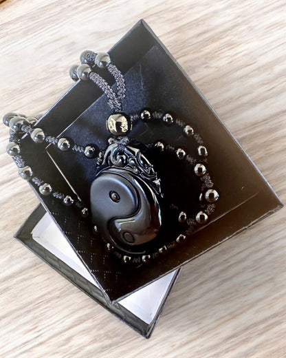 Obsidian Yin Yang Amulet with Engraving - Harmony and Protection, personalized engraving for a gift