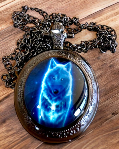 Lunar Wolf Pocket Watch – Moon Wolf Clock, personalization option with engraving for a gift