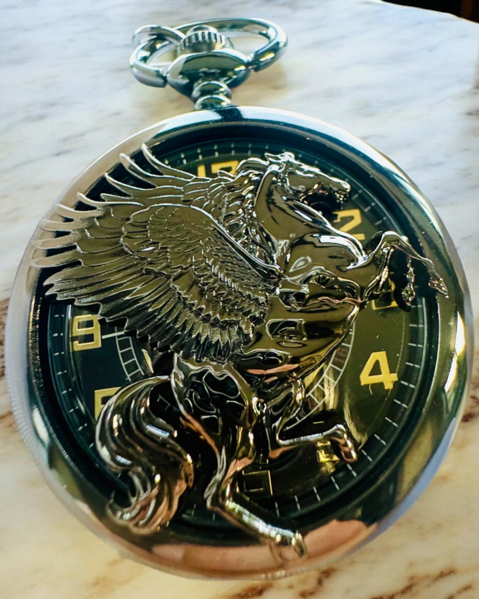 Pocket Watch "Equus Tempus" - Black with Horse Motif, personalization option with engraving - black dial