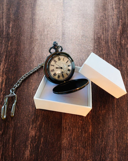 Classic Pocket Watch with Roman Numerals and Chain, Quartz, Black Shine - black color