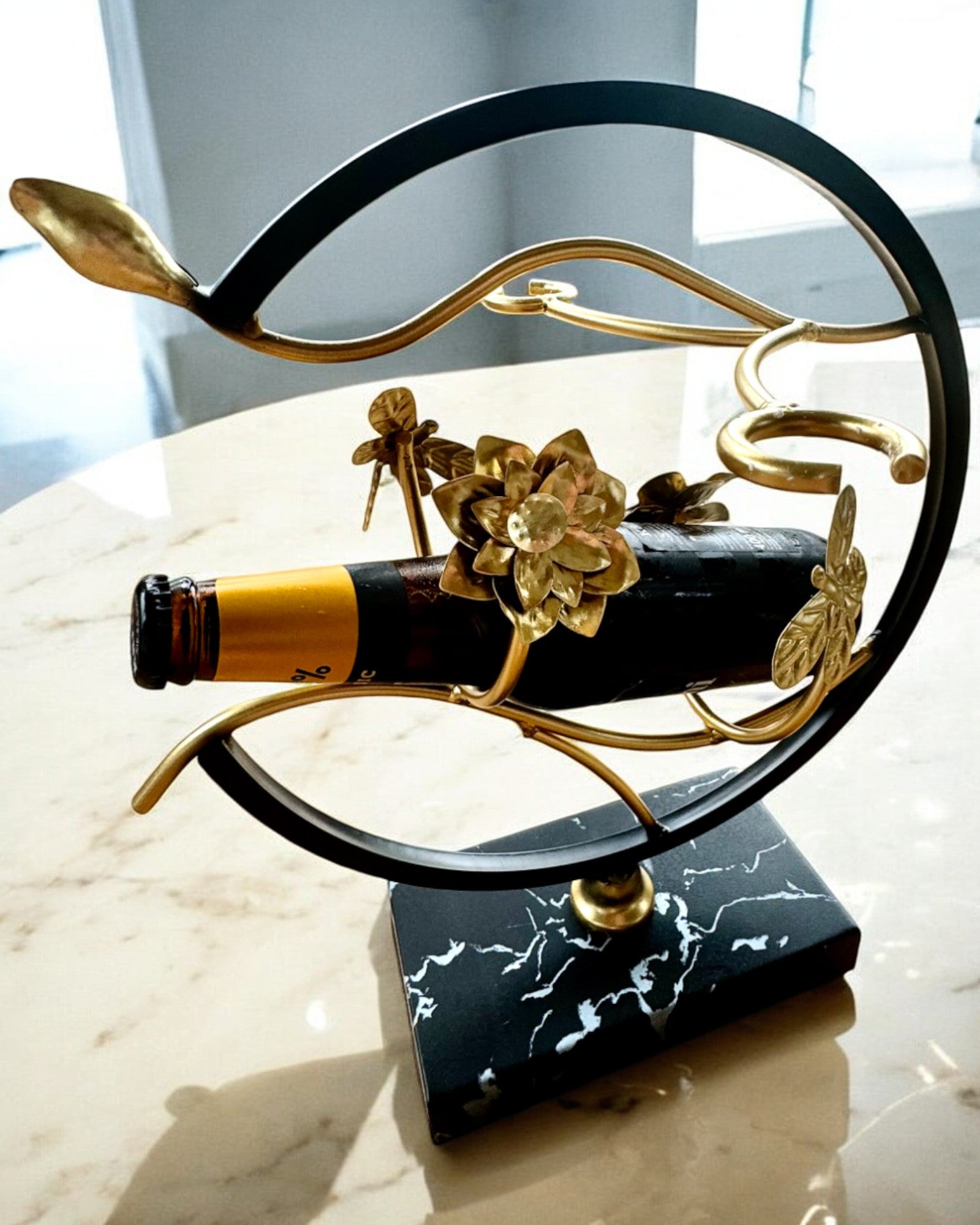 "Elegant Insect" Stand - for a bottle of wine and glasses, height 33 cm, personalization option with engraving for a gift.