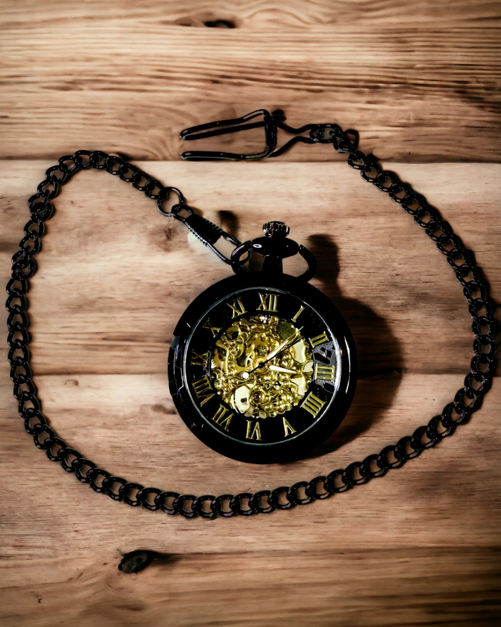 Retro Style Mechanical Pocket Watch, Waterproof, Semi-Automatic - Black Color - Perfect for Gift, engraving