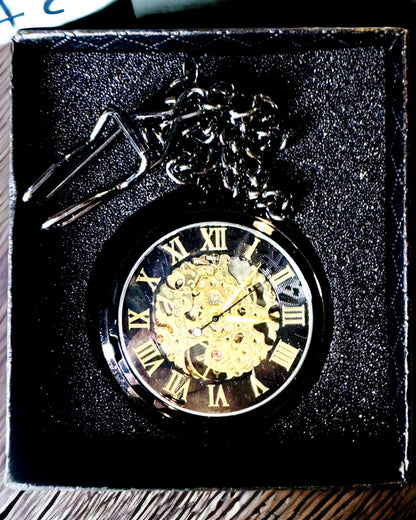 Retro Style Mechanical Pocket Watch, Waterproof, Semi-Automatic - Black Color - Perfect for Gift, engraving