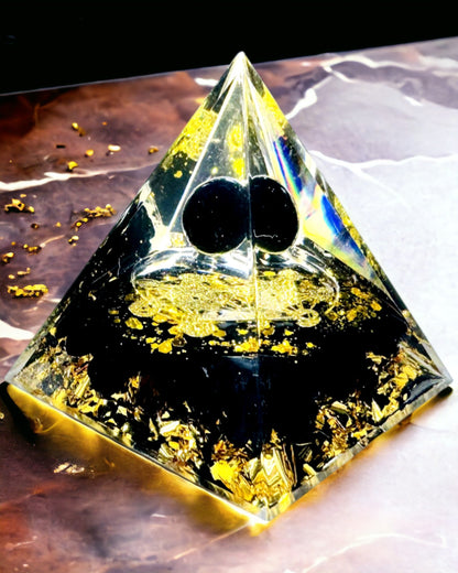 Crystal Pyramid made of Amethyst - Brings Positive Energy and Supports Meditation. Gold - black color