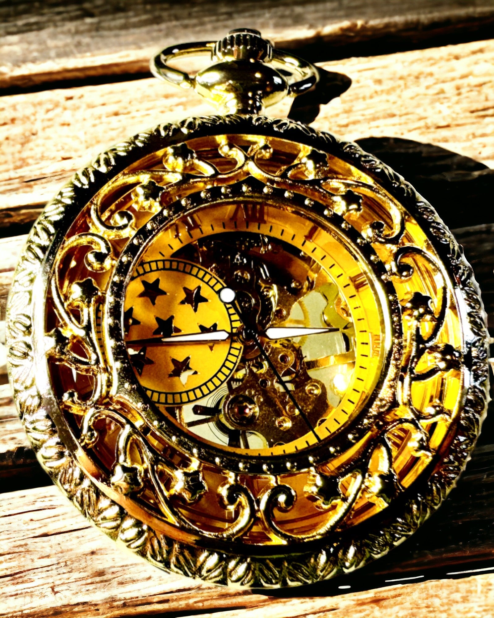 "Golden Majesty" - Luxury Mechanical Pocket Watch with Transparent Core. Personalization with engraving.