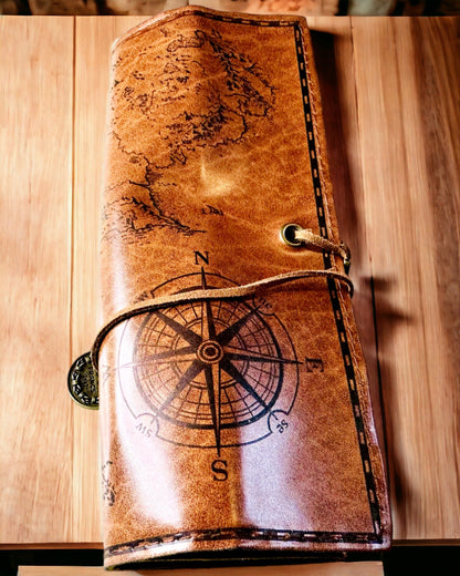 Retro Dark Brown Leather Pencil Case with Treasure Map Design - Elegant Bag for Storing Writing Treasures