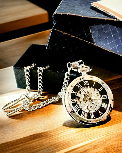 Silver Exclusive Mechanical Pocket Watch in Retro Style, Waterproof - Elegance for Every Occasion, with engraving