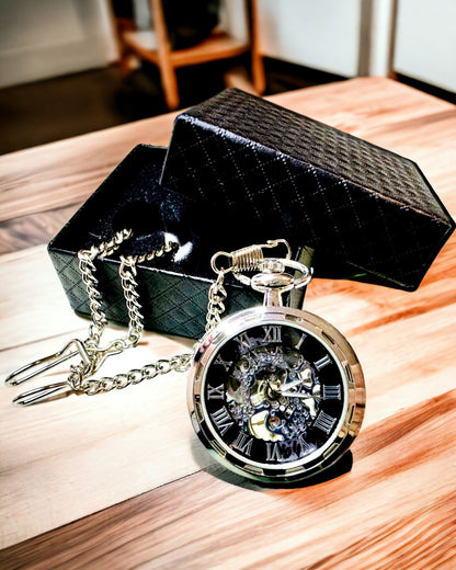 Silver Exclusive Mechanical Pocket Watch in Retro Style, Waterproof - Elegance for Every Occasion, with engraving