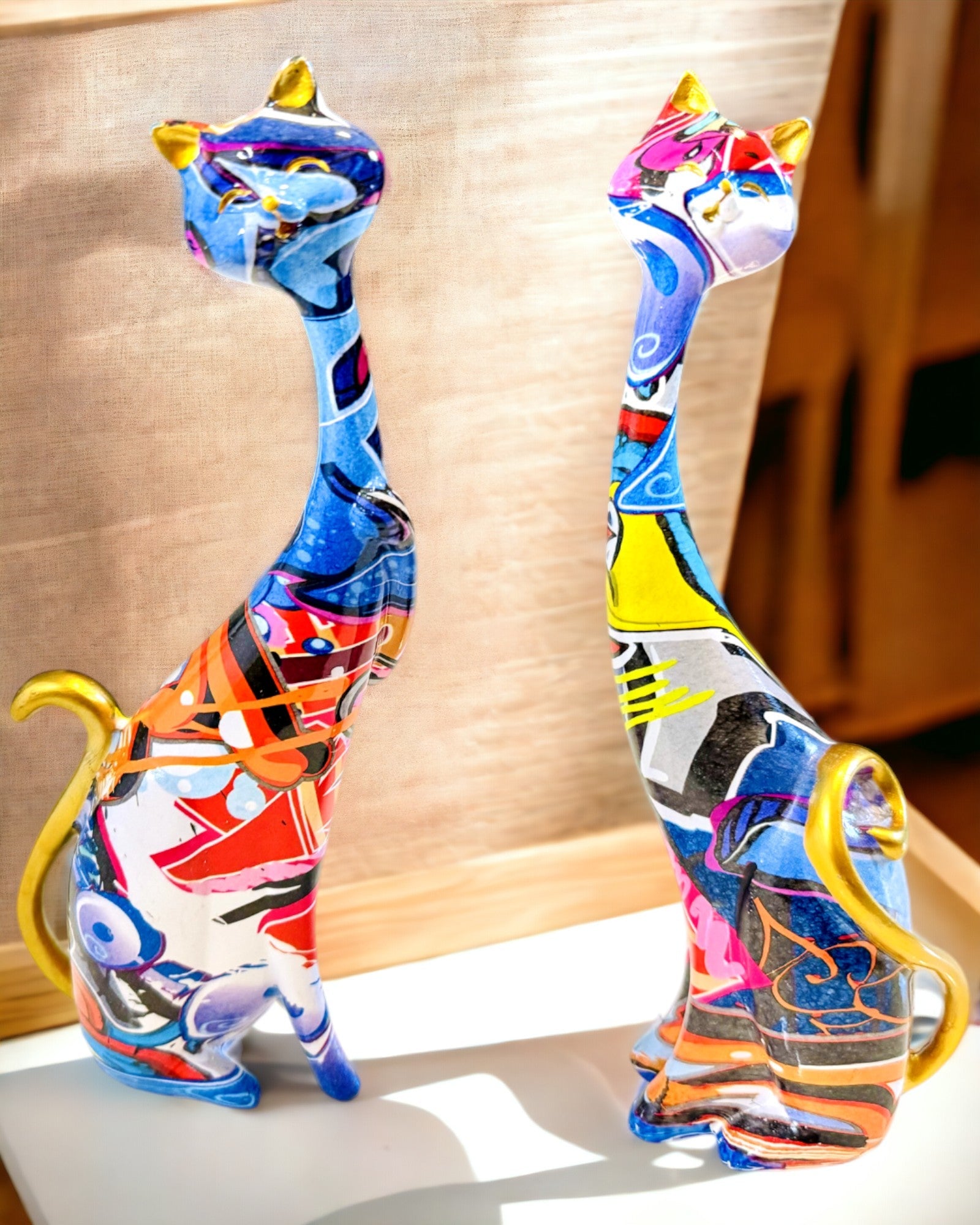 Abstract Cat Figurines "ArtCats", Hand-Painted, Resin – 25 cm, 2 pcs.