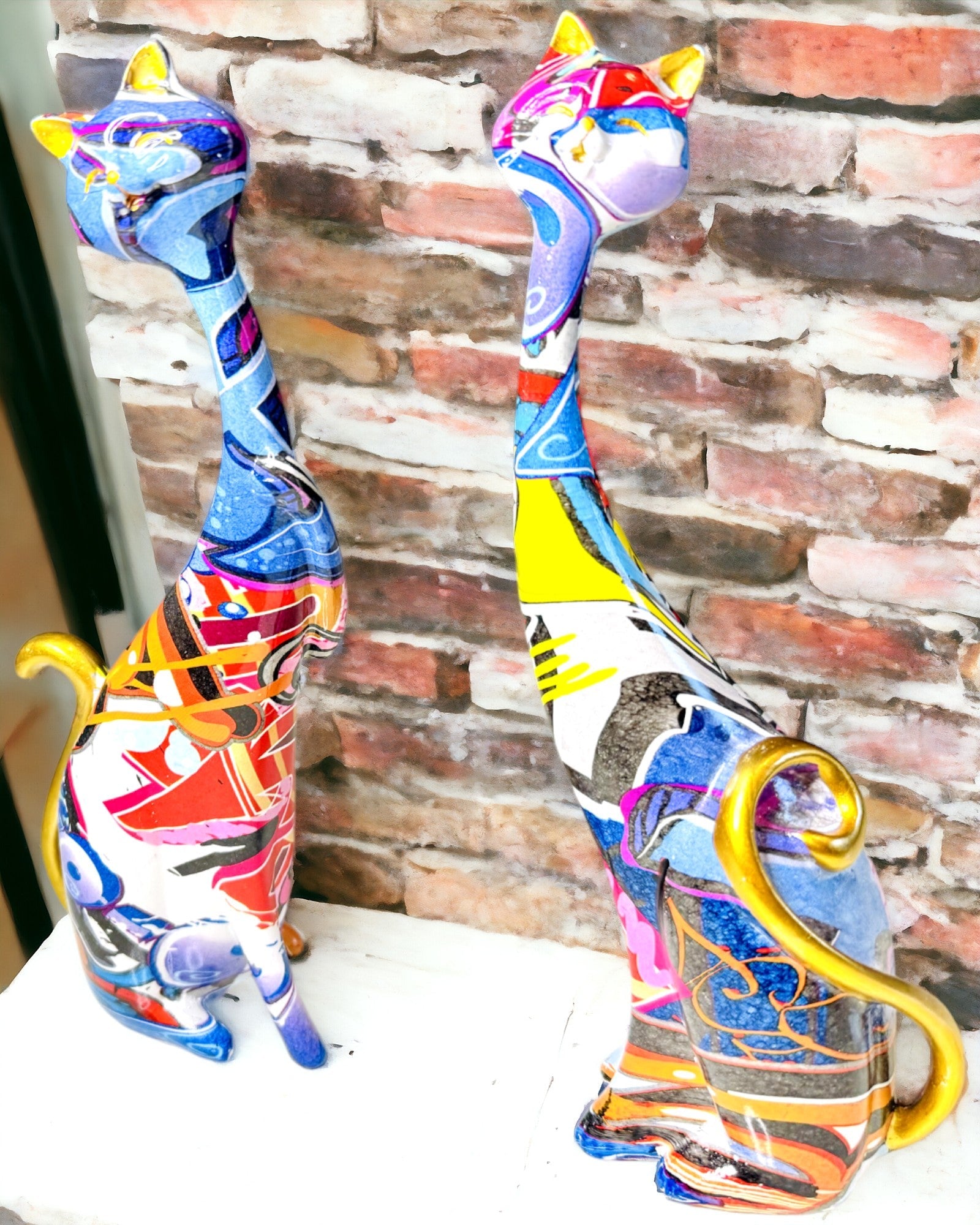 Abstract Cat Figurines "ArtCats", Hand-Painted, Resin – 25 cm, 2 pcs.