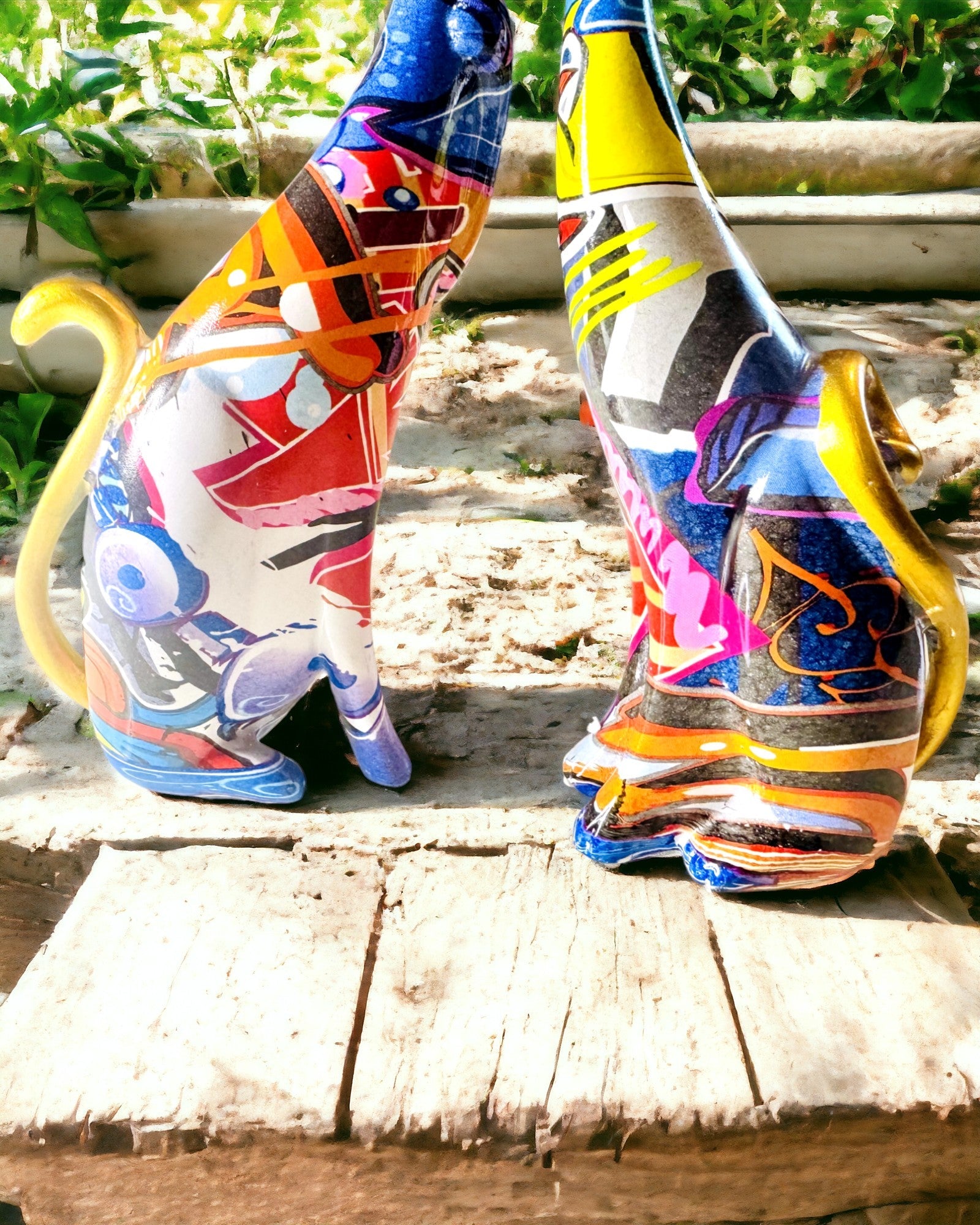 Abstract Cat Figurines "ArtCats", Hand-Painted, Resin – 25 cm, 2 pcs.