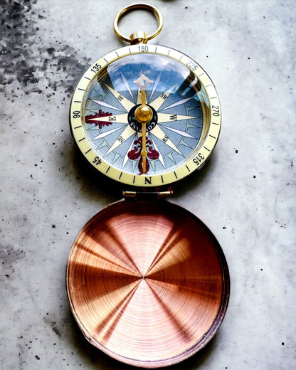 Rose gold compass - retro style navigation - portable and precise instrument for determining direction for travelers and explorers. Engraving, personalization.