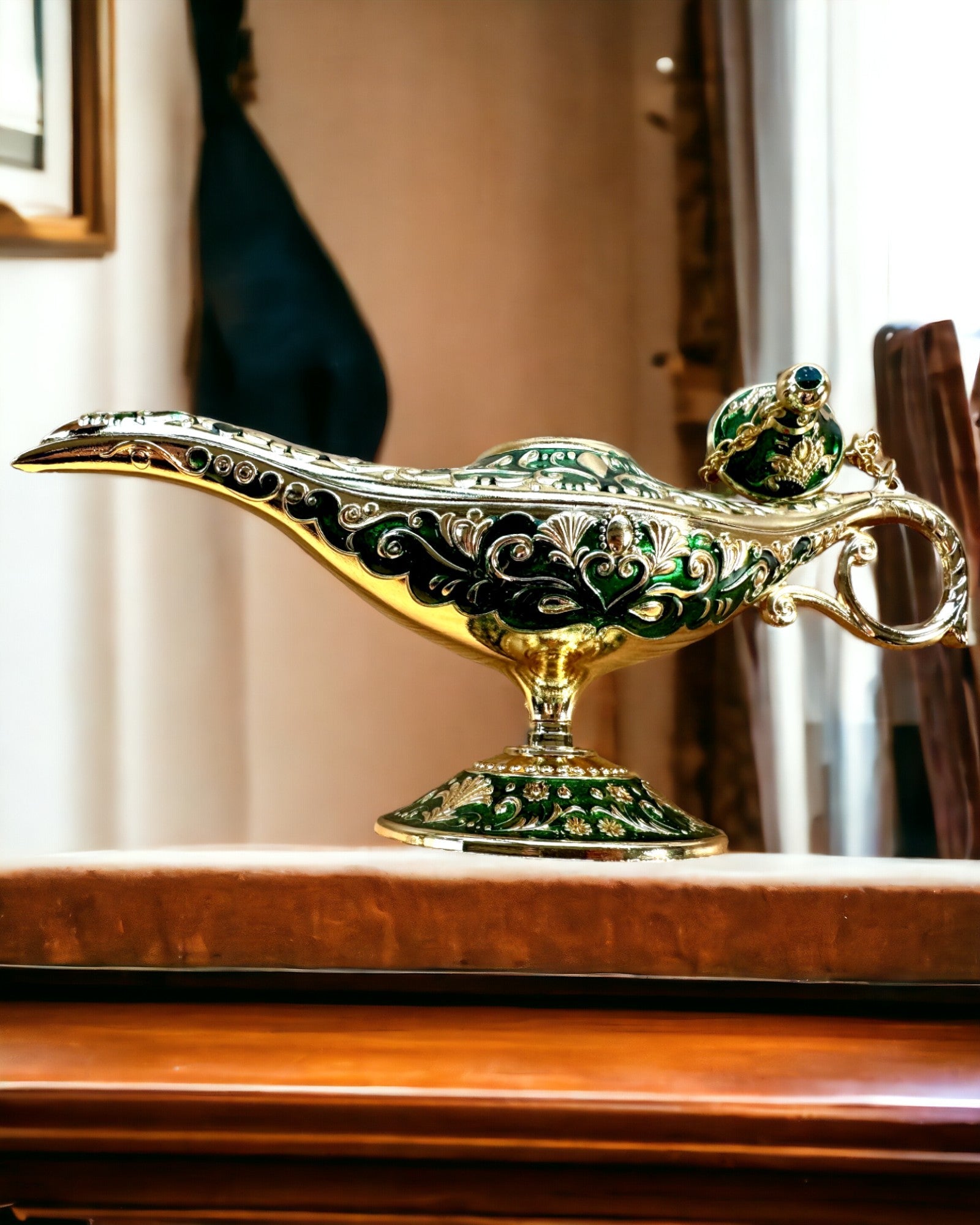 Aladdin's Magic Lamp with Engraving Option - Dark Green Variant, interwoven with gold