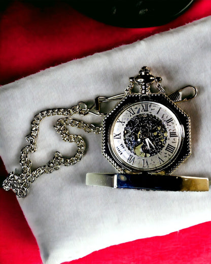 Classic Silver Octagonal Mechanical Pocket Watch with Skeleton Dial in Steampunk Style