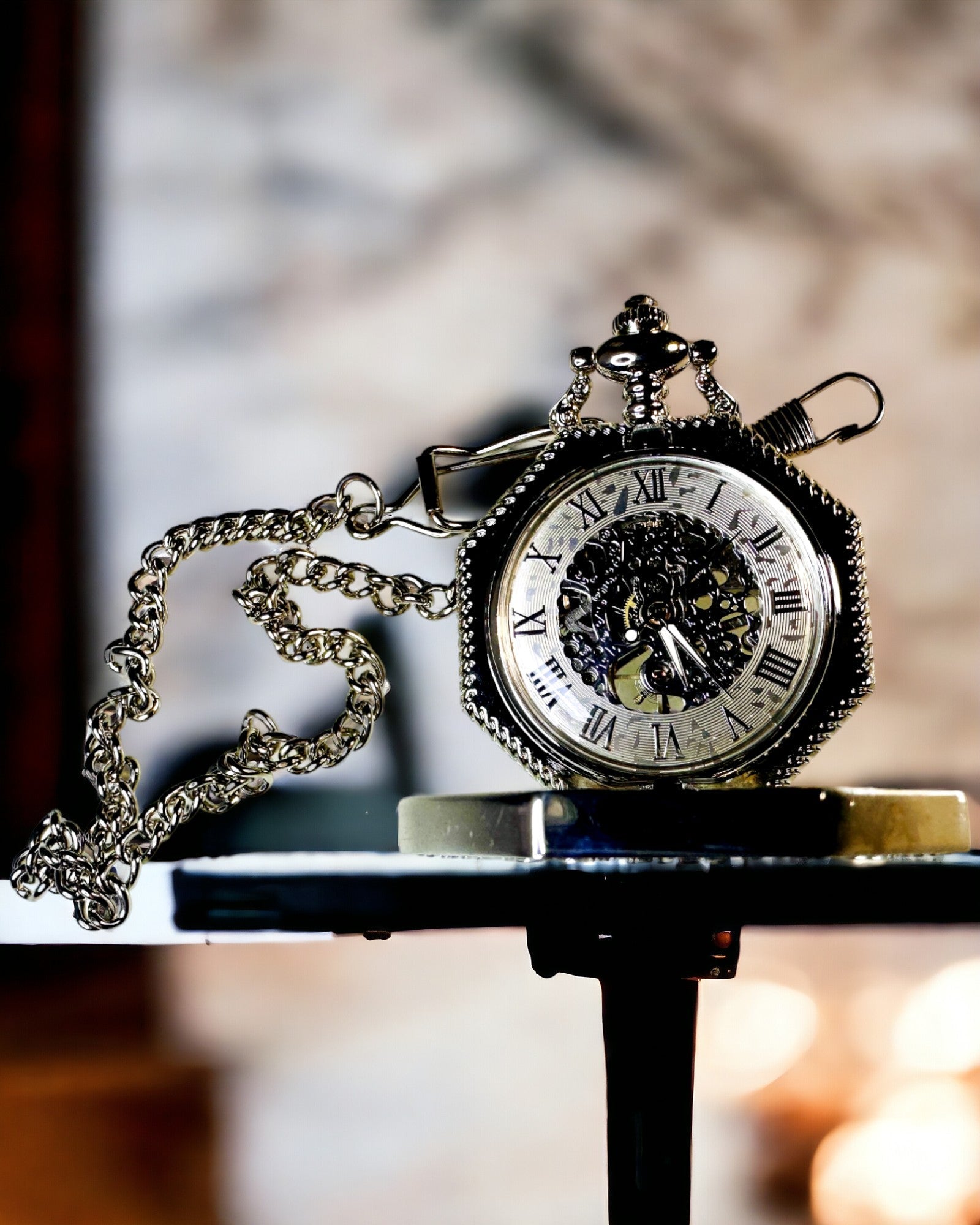 Classic Silver Octagonal Mechanical Pocket Watch with Skeleton Dial in Steampunk Style