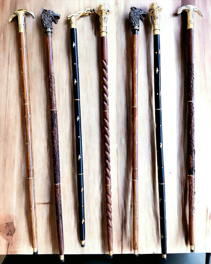 Hand-Carved Travel Cane, for Walking "Royal Wanderer" in brown with golden embellishments