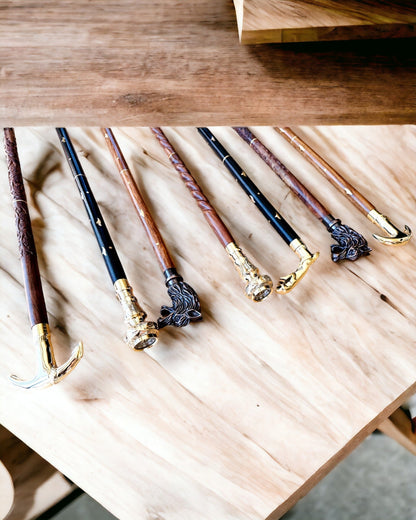 Hand-Carved Travel Cane, for Walking "Royal Wanderer" in brown with golden embellishments