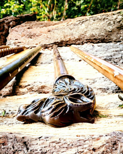 'Wolf' Walking Stick - Indian Mango Wood with Engraving Option, brown with carved pattern