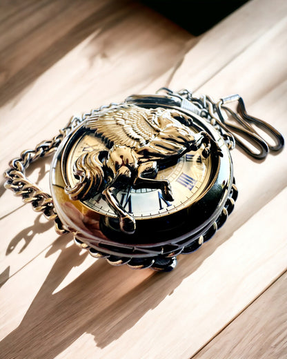 Pocket Watch "Equus Tempus" - Black with Horse Motif, personalization option with engraving - white dial