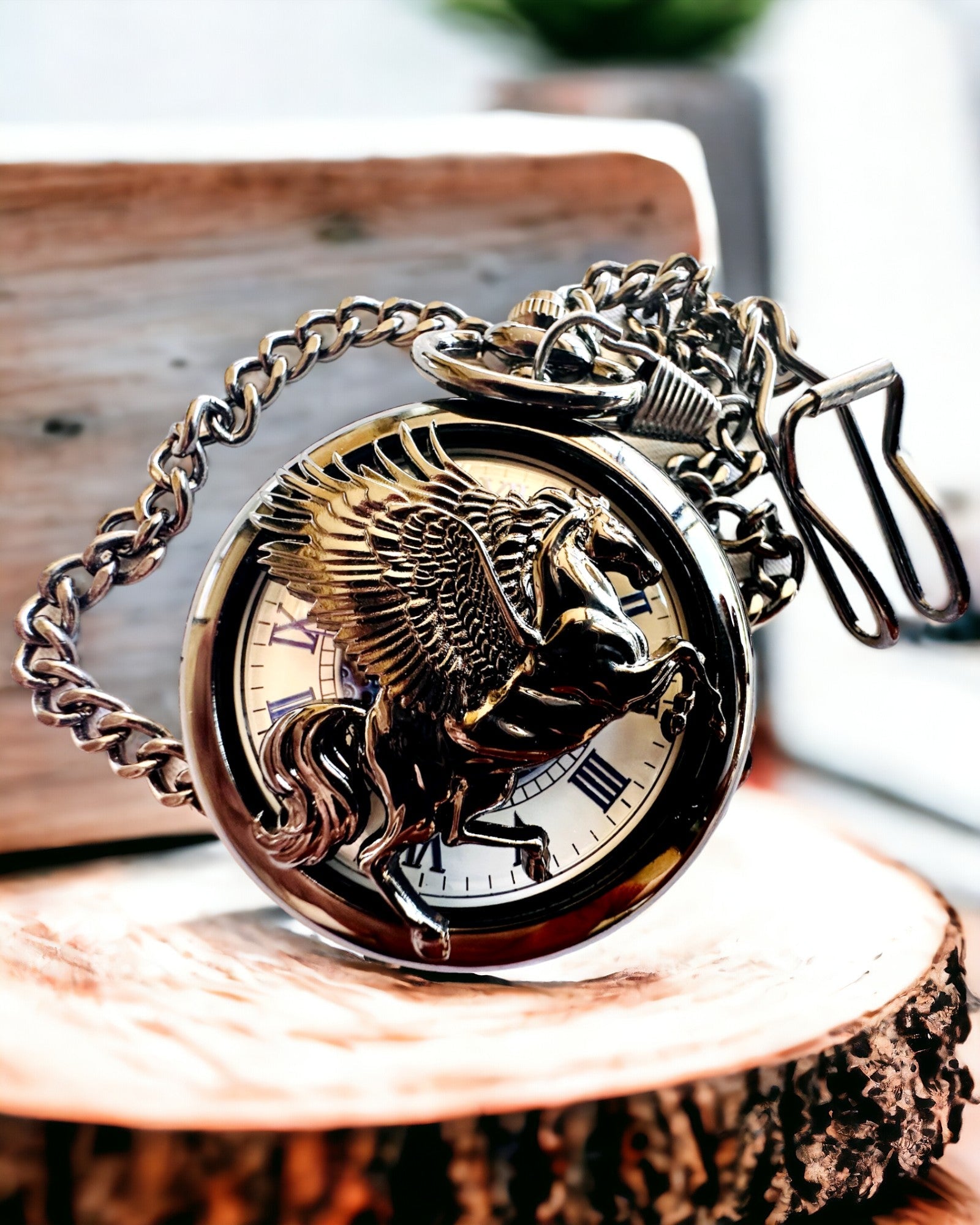 Pocket Watch "Equus Tempus" - Black with Horse Motif, personalization option with engraving - white dial