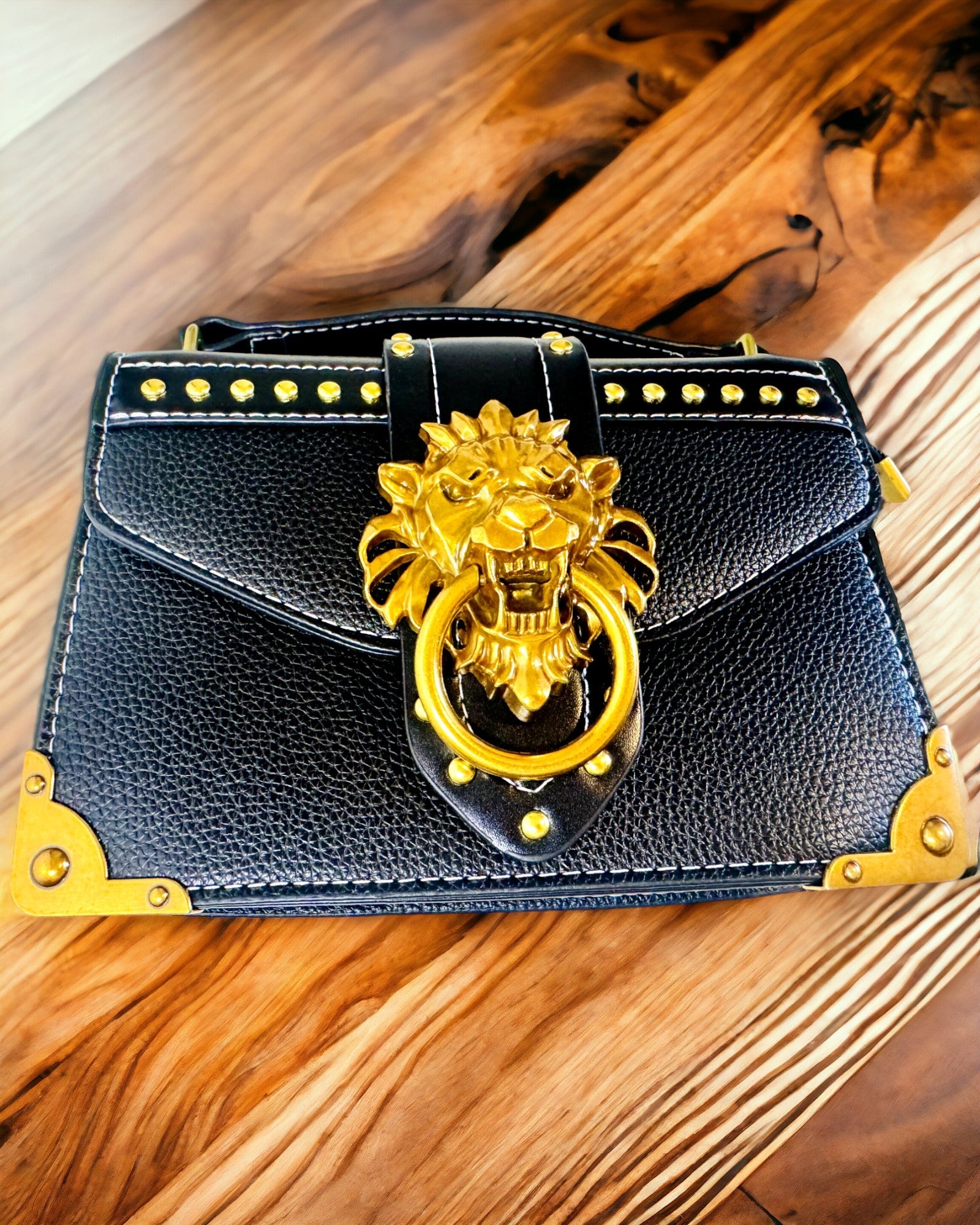 Fashion Square Shoulder Bag with Lion Accent - black color