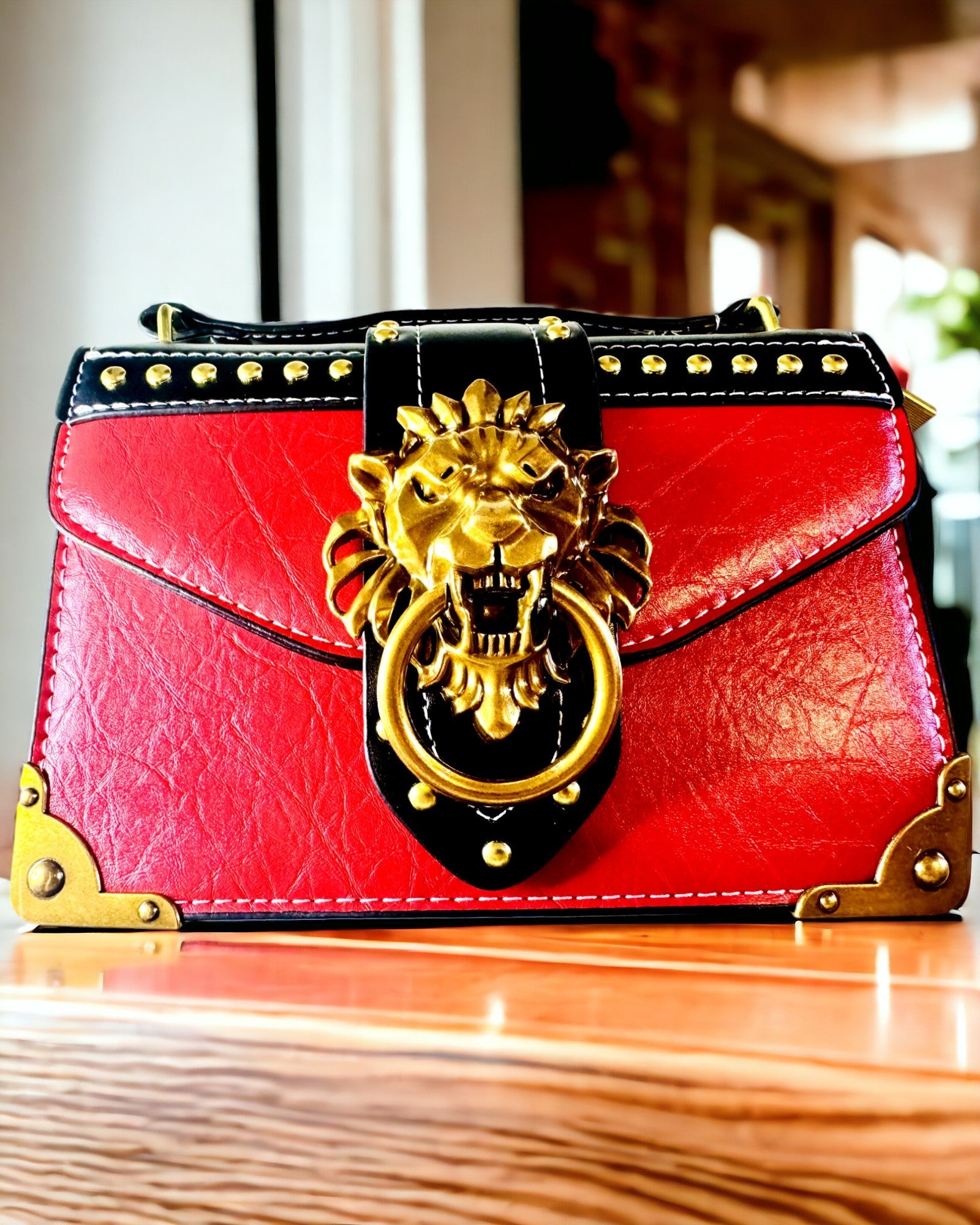 "Royal Roar" Square Shoulder Bag with Lion Head