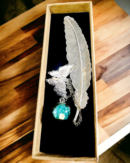 Creative Retro Style Bookmark with Feather and Butterfly Motif – Elegant Promotional Gift, Color Silver/Blue