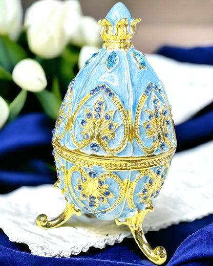 Heavenly Faberge Egg – Enamel Jewelry Organizer - color blue sky. Personalization with engraving.