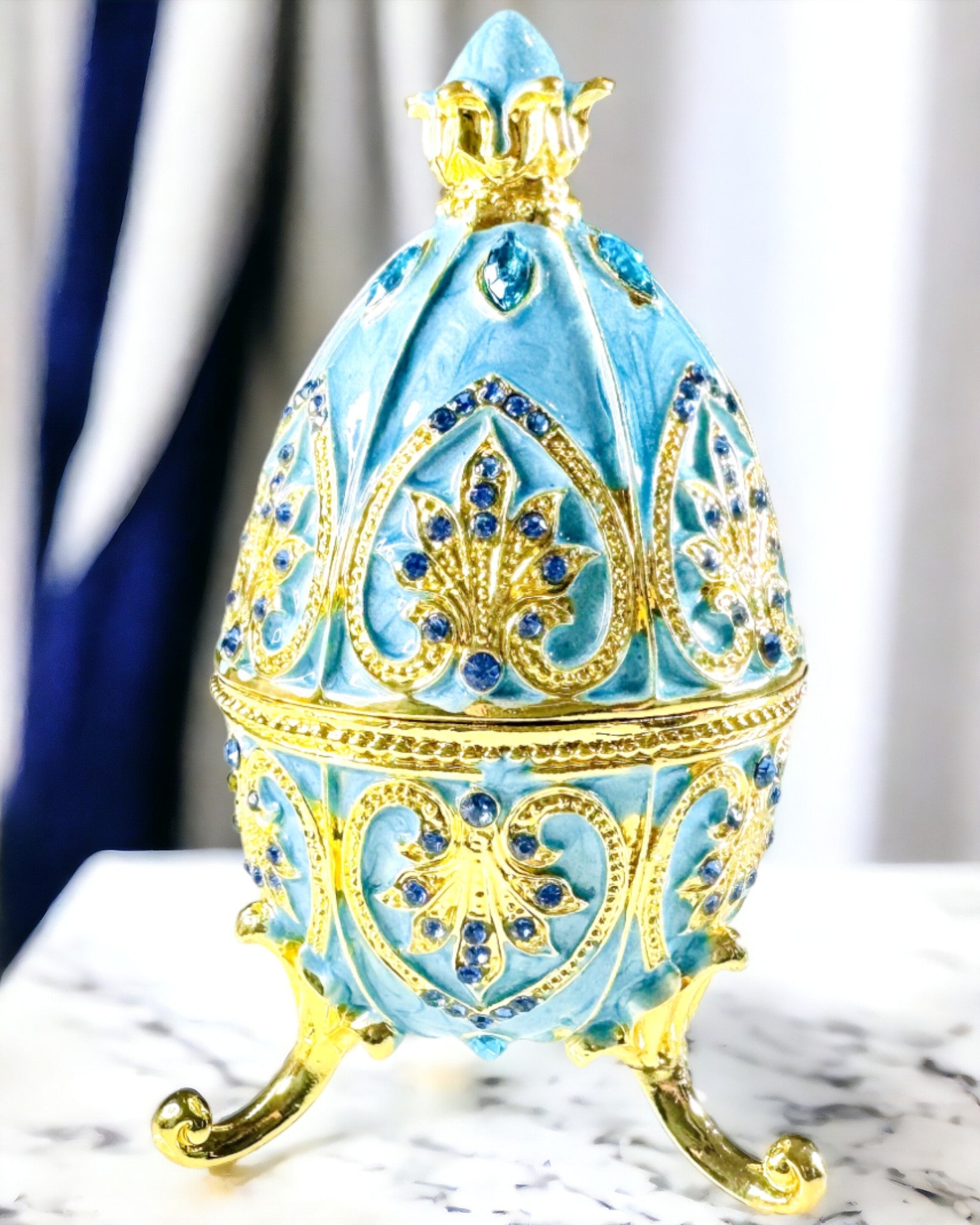 Heavenly Faberge Egg – Enamel Jewelry Organizer - color blue sky. Personalization with engraving.