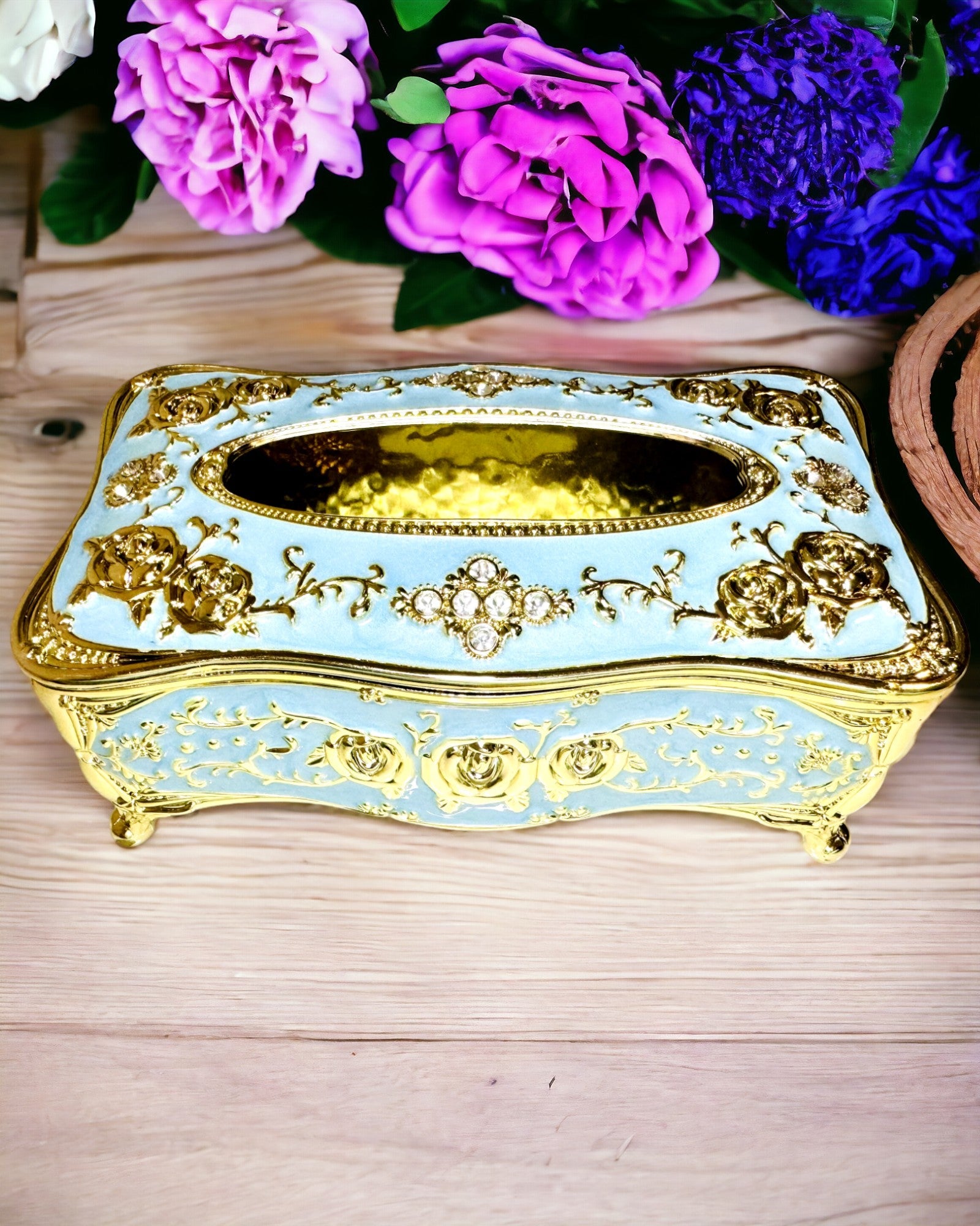 Luxury Tissue Box with Embossed Rose Pattern and Elegant Handles