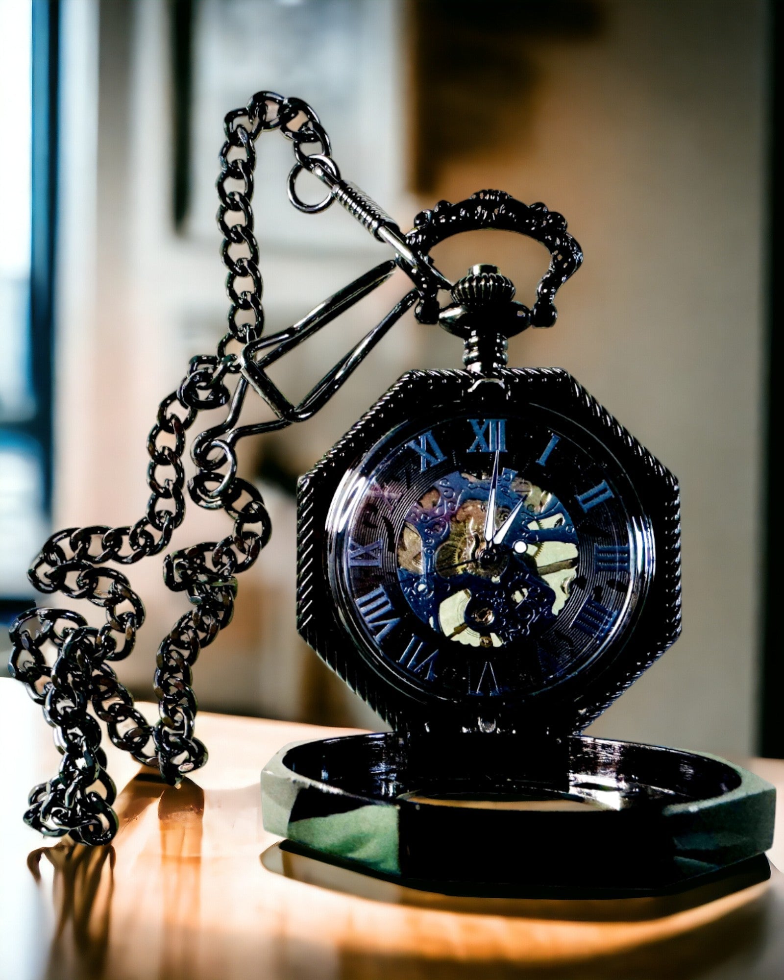 Classic Octagonal Mechanical Pocket Watch Steampunk in Black, Engraving