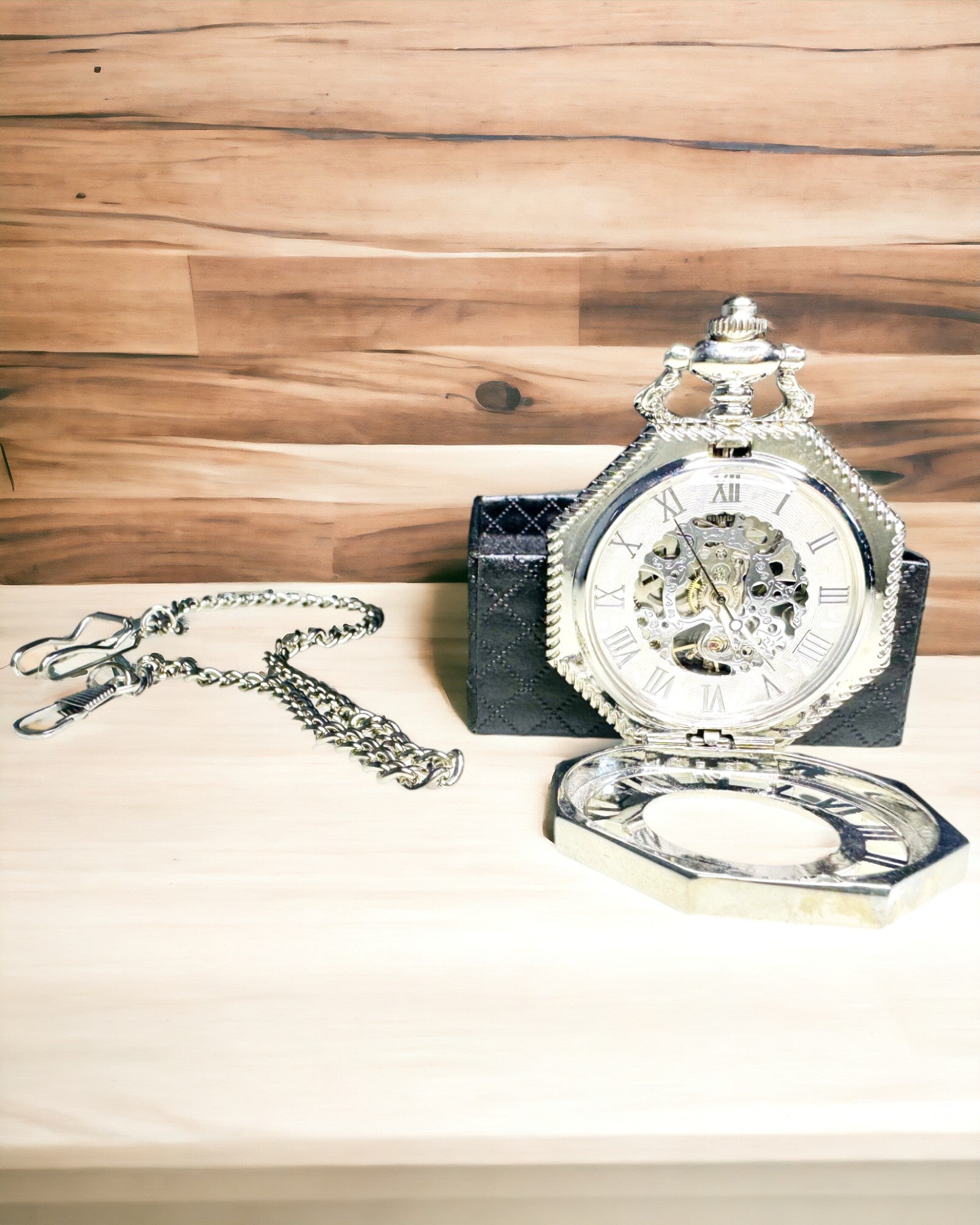 Classic Silver Octagonal Mechanical Pocket Watch with Skeleton Dial in Steampunk Style