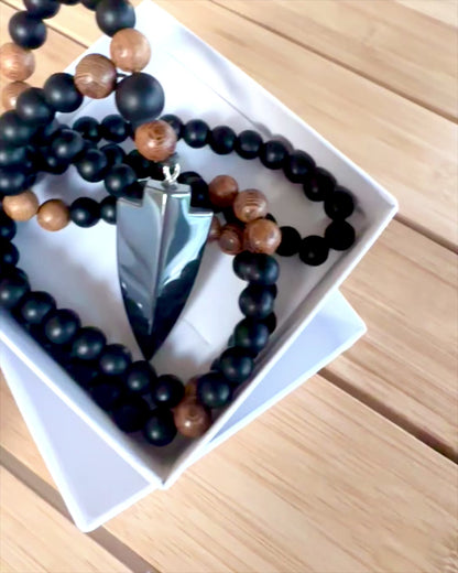 Power Arrow – Necklace with Black Obsidian and Wooden Beads, personalization with engraving for a gift