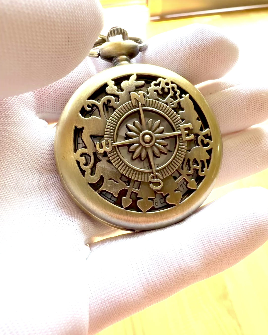 Vintage Pocket Watch with Compass Motif and Chain, Quartz, personalization with engraving